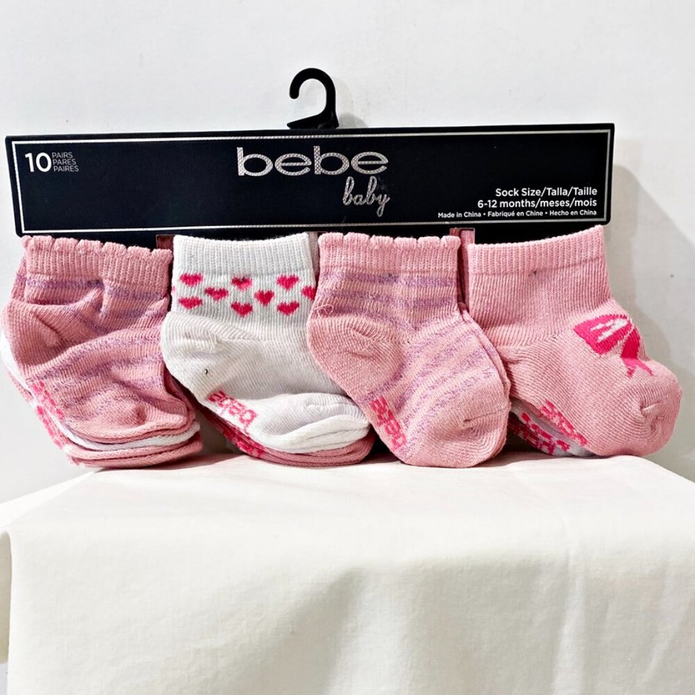 Bebe Baby Girl Socks Pink White 10 Pairs 6-12 Months Poly Stretch Hearts New